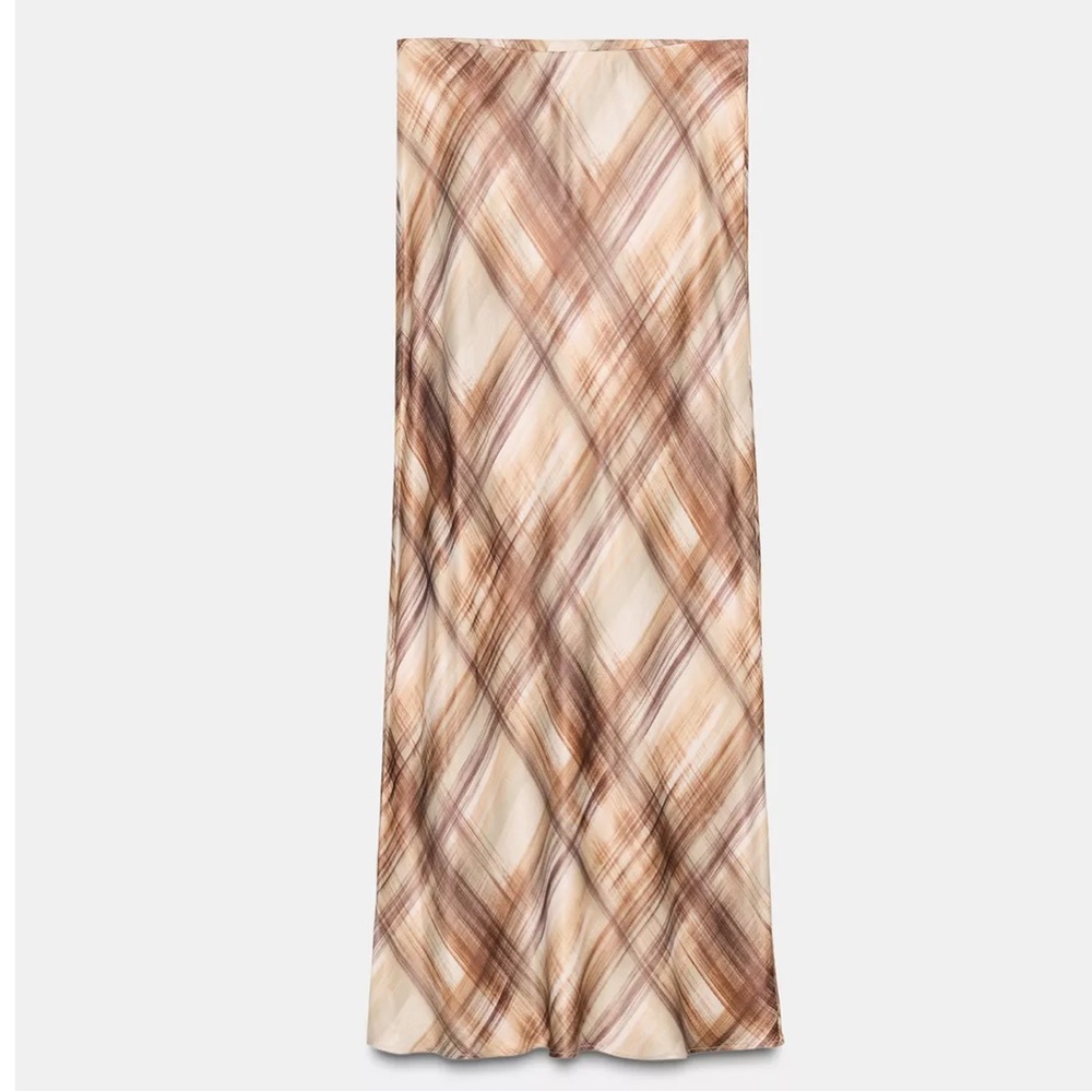 Zara NWT Satin Plaid Midi Skirt-medium